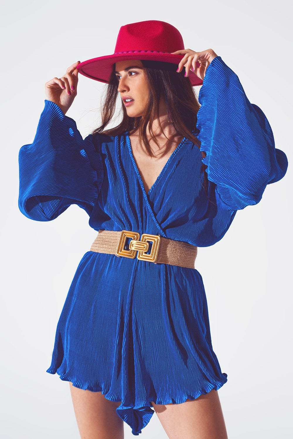 Q2 Women's Jumpsuits & Rompers Satin Wrap Deatil Pleated Short Jumpsuit in Blue