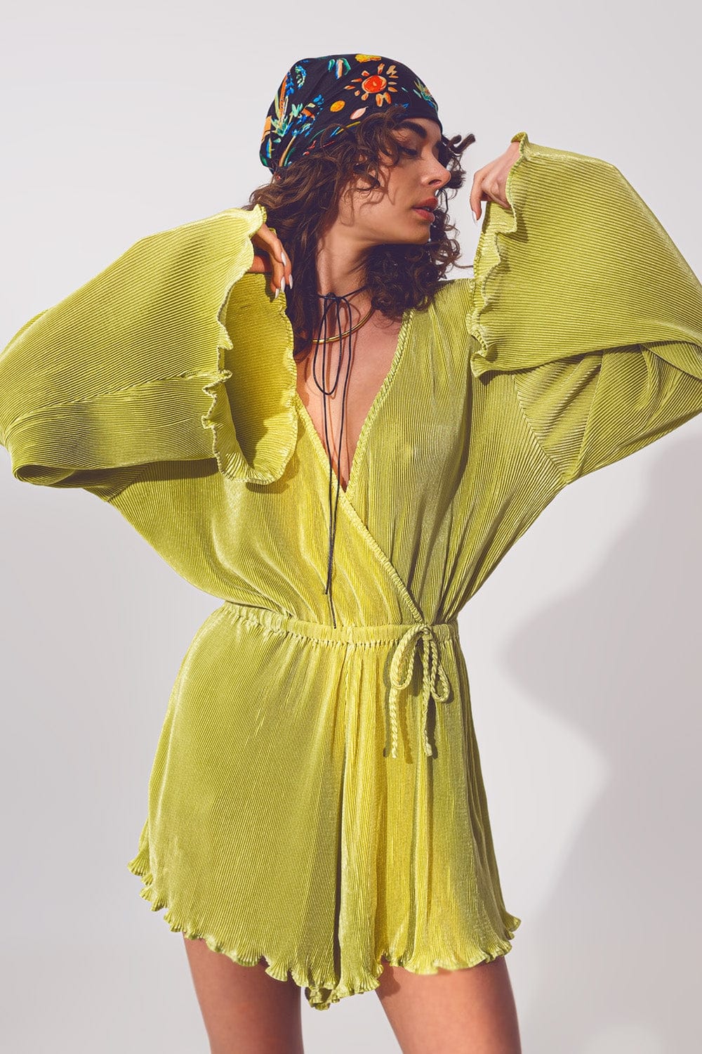 Q2 Women's Jumpsuits & Rompers Satin Wrap Deatil Pleated Short Jumpsuit in Green