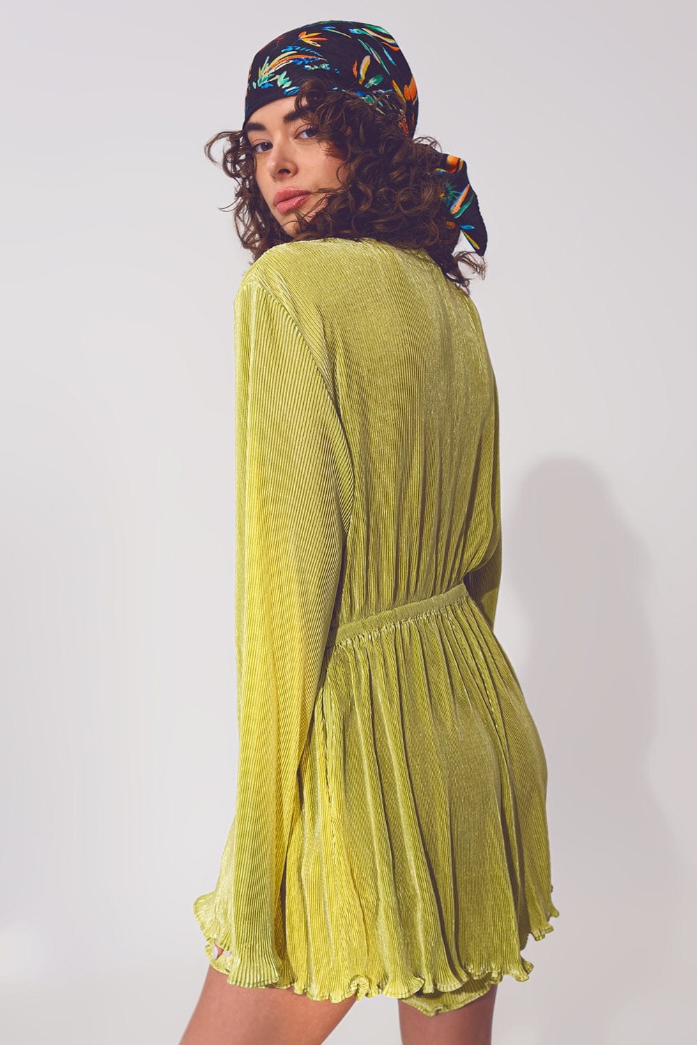 Q2 Women's Jumpsuits & Rompers Satin Wrap Deatil Pleated Short Jumpsuit in Green