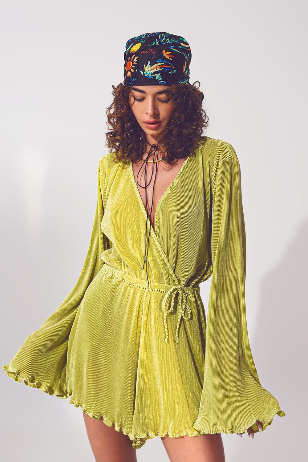 Q2 Women's Jumpsuits & Rompers Satin Wrap Deatil Pleated Short Jumpsuit in Green