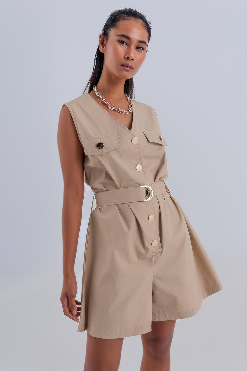 Q2 Women's Jumpsuits & Rompers Sleeveless Belted Jumpsuit in Beige