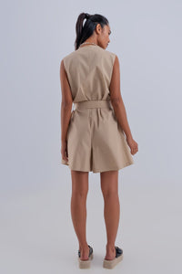 Q2 Women's Jumpsuits & Rompers Sleeveless Belted Jumpsuit in Beige