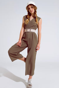 Q2 Women's Jumpsuits & Rompers Sleeveless Jumpsuit With Zipper Detail And Belt In Khaki