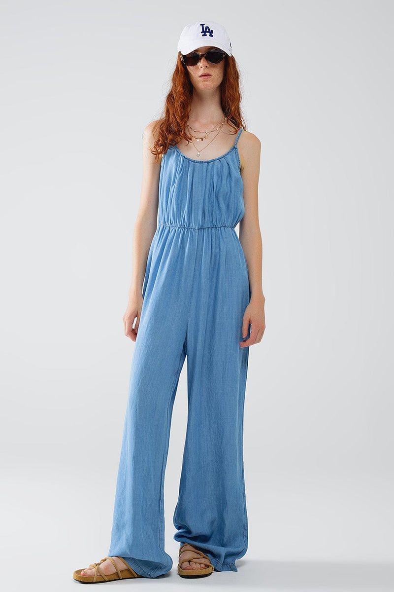 Q2 Women's Jumpsuits & Rompers Sleevless Tencel Denim Jumpsuit With Elastic Waist