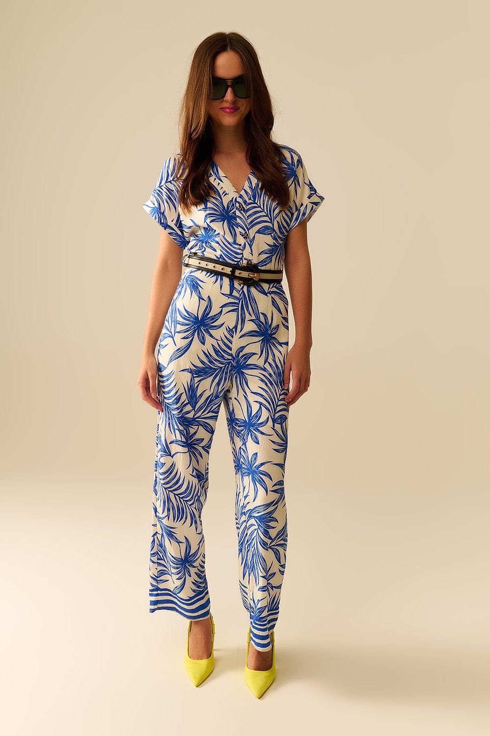 Q2 Women's Jumpsuits & Rompers Tropical Motif Short Sleeve Jumpsuit In Blue And White
