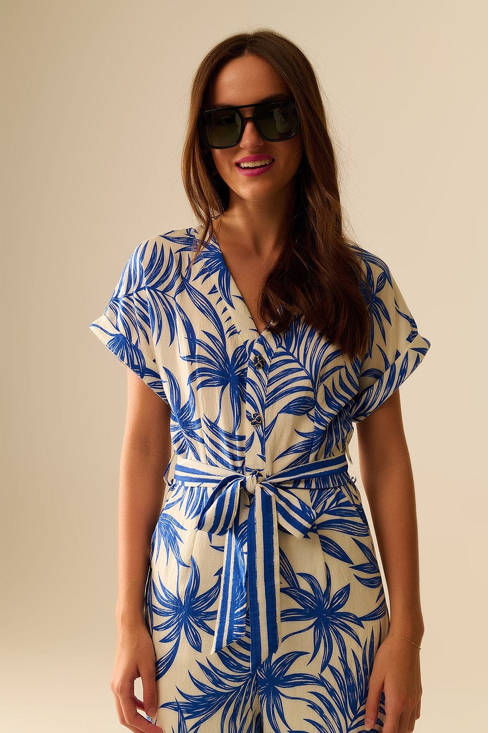 Q2 Women's Jumpsuits & Rompers Tropical Motif Short Sleeve Jumpsuit In Blue And White