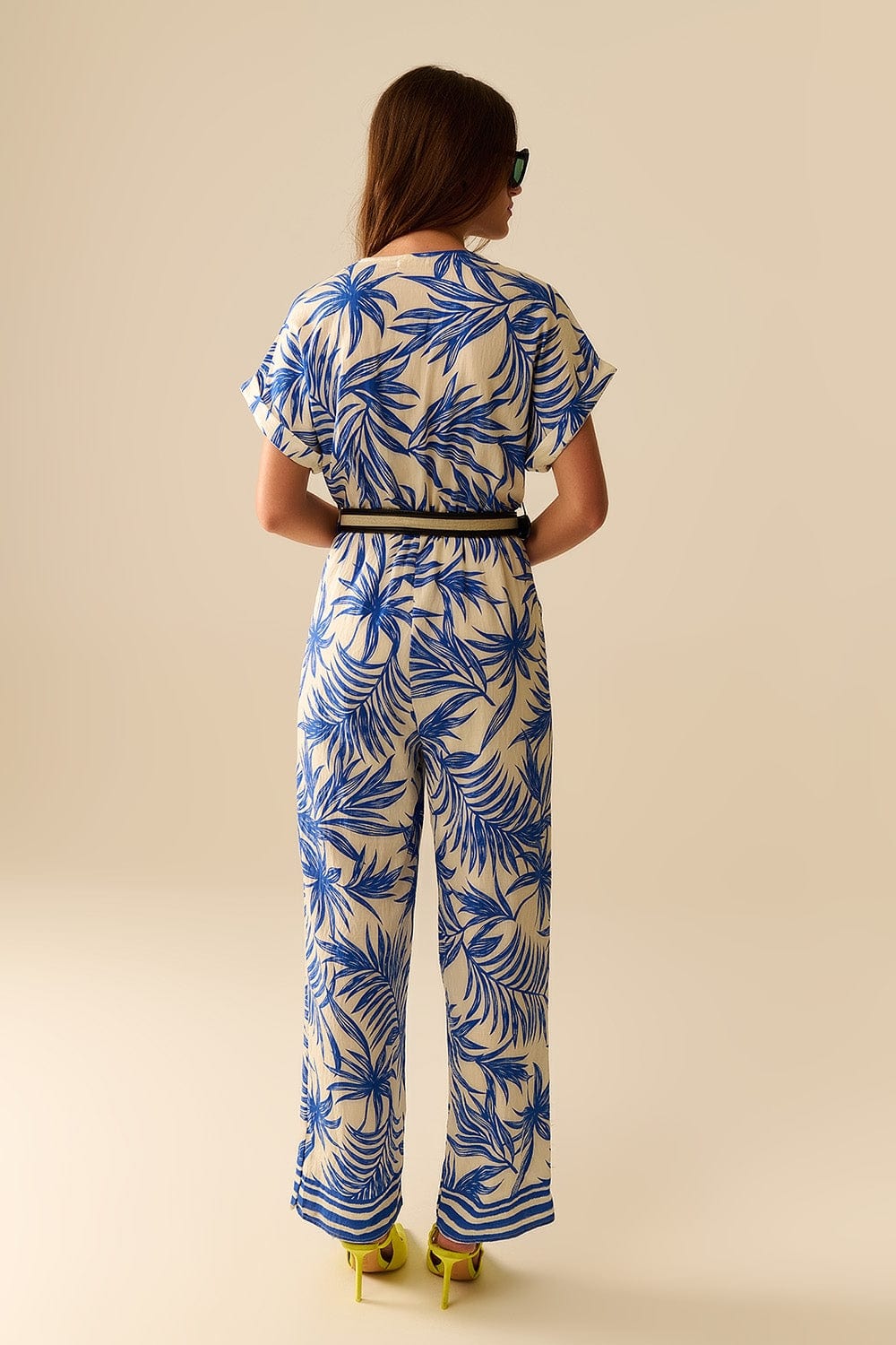 Q2 Women's Jumpsuits & Rompers Tropical Motif Short Sleeve Jumpsuit In Blue And White