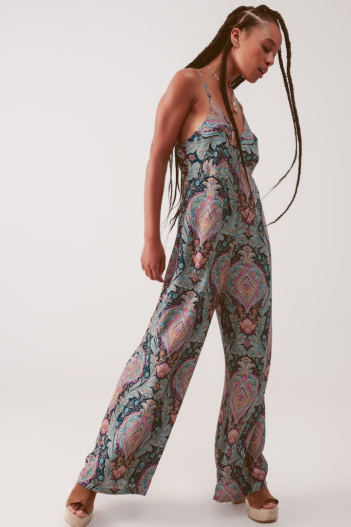 Q2 Women's Jumpsuits & Rompers Wide Leg Jumpsuit in Navy Paisley Print