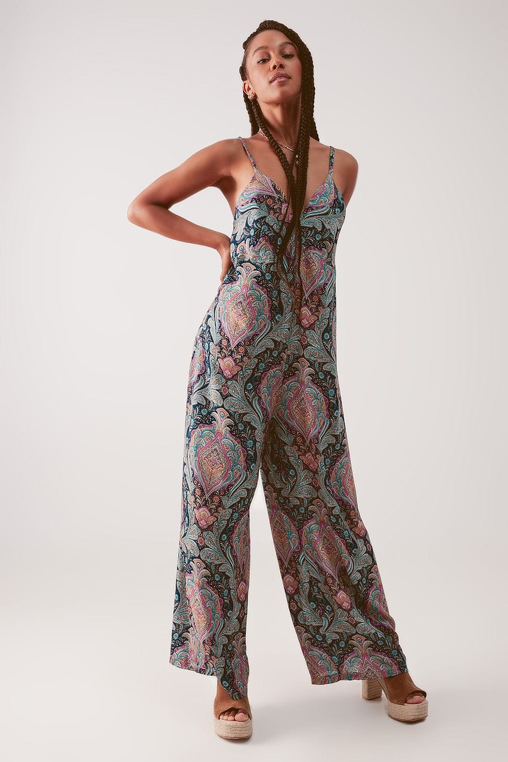 Q2 Women's Jumpsuits & Rompers Wide Leg Jumpsuit in Navy Paisley Print