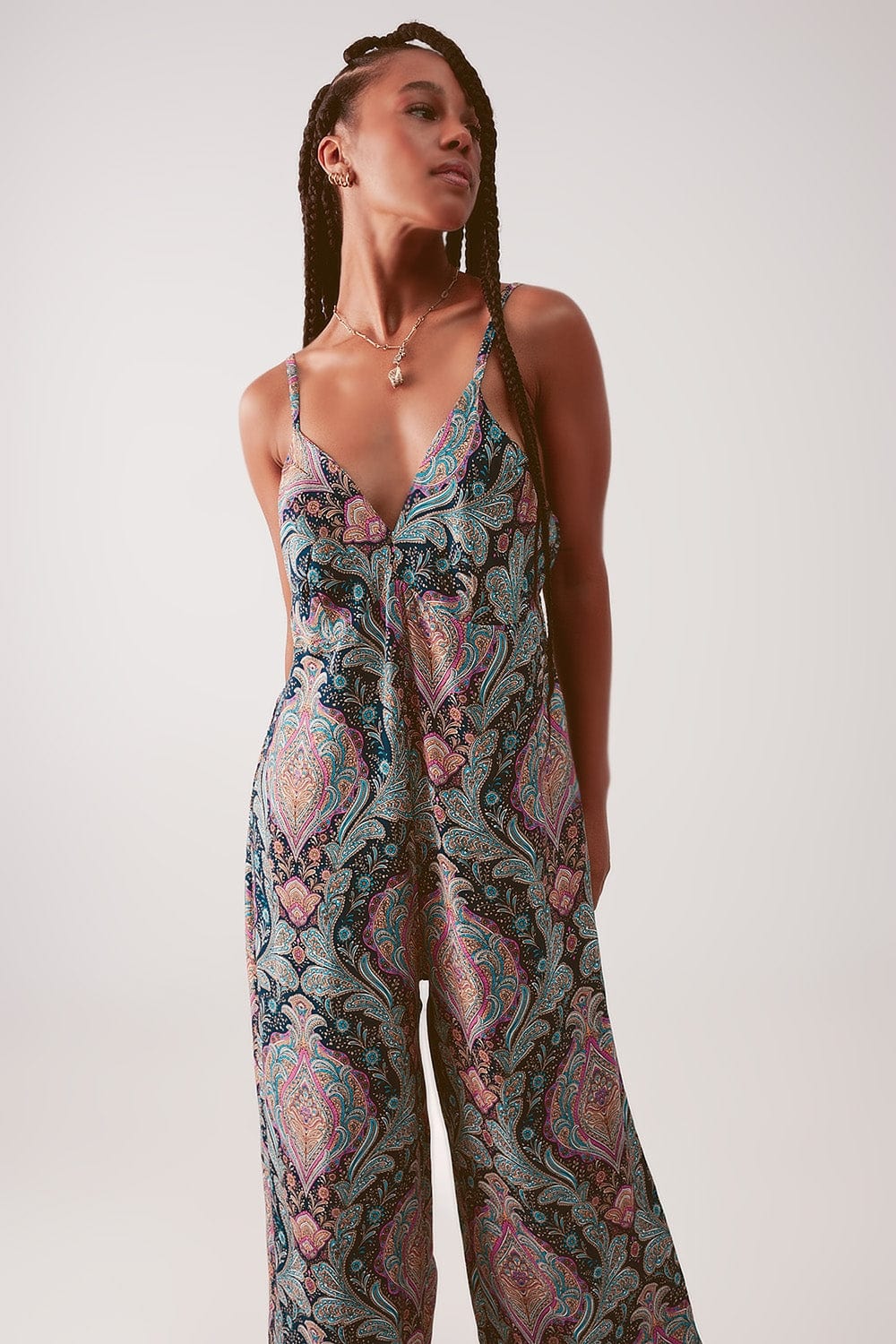 Q2 Women's Jumpsuits & Rompers Wide Leg Jumpsuit in Navy Paisley Print