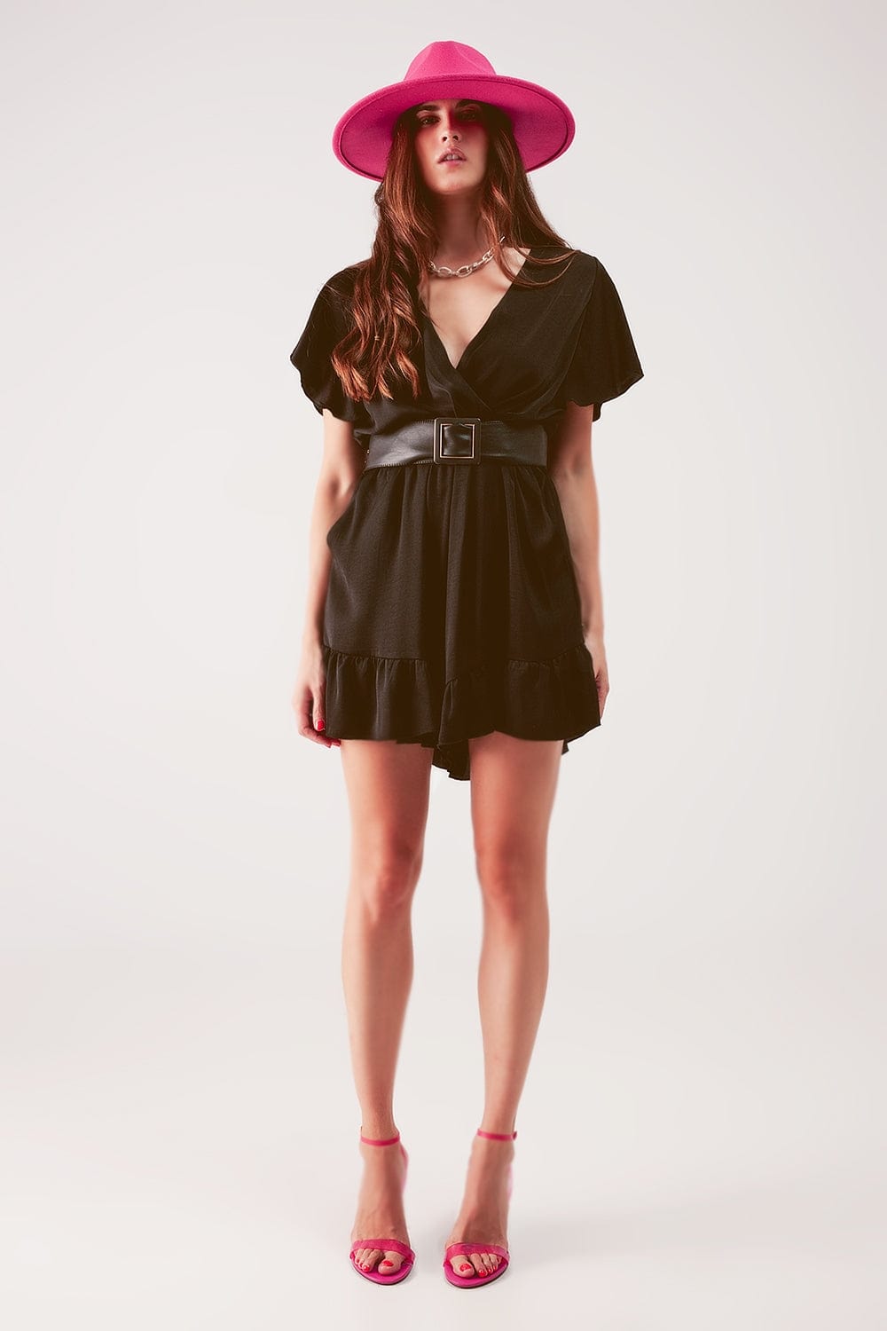 Q2 Women's Jumpsuits & Rompers Wrap Front Frill Hem Jumpsuit in Black