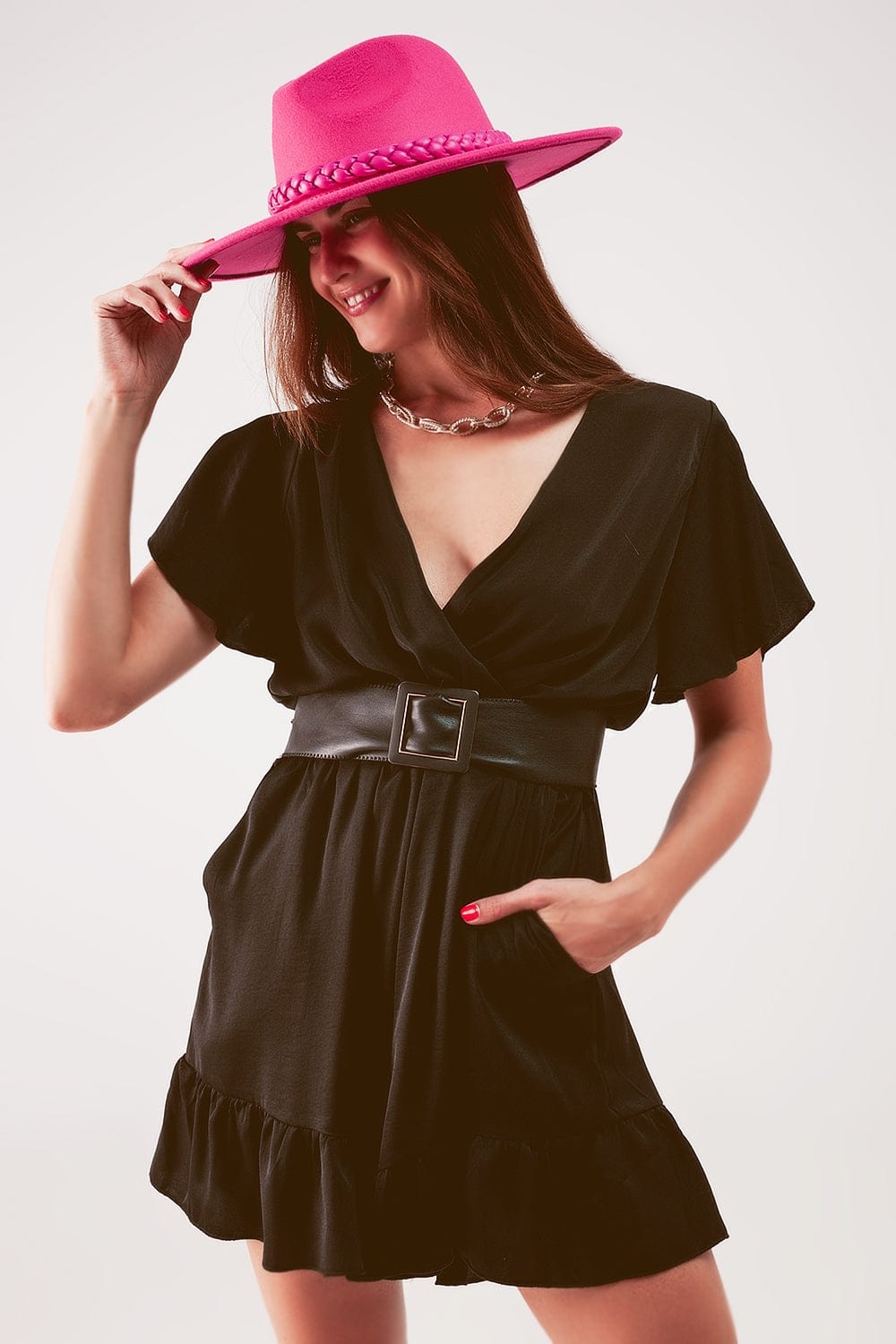 Q2 Women's Jumpsuits & Rompers Wrap Front Frill Hem Jumpsuit in Black