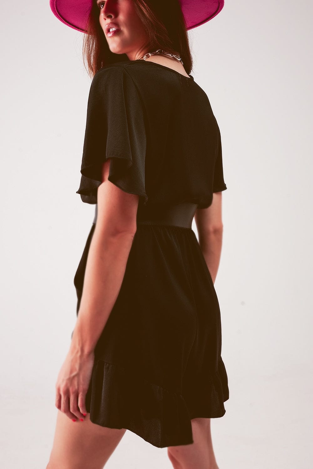 Q2 Women's Jumpsuits & Rompers Wrap Front Frill Hem Jumpsuit in Black