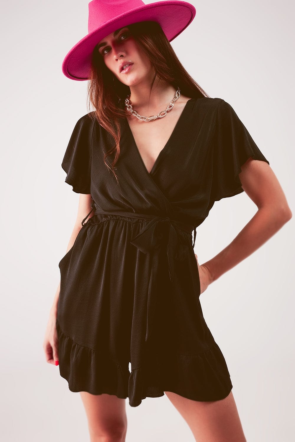 Q2 Women's Jumpsuits & Rompers Wrap Front Frill Hem Jumpsuit in Black