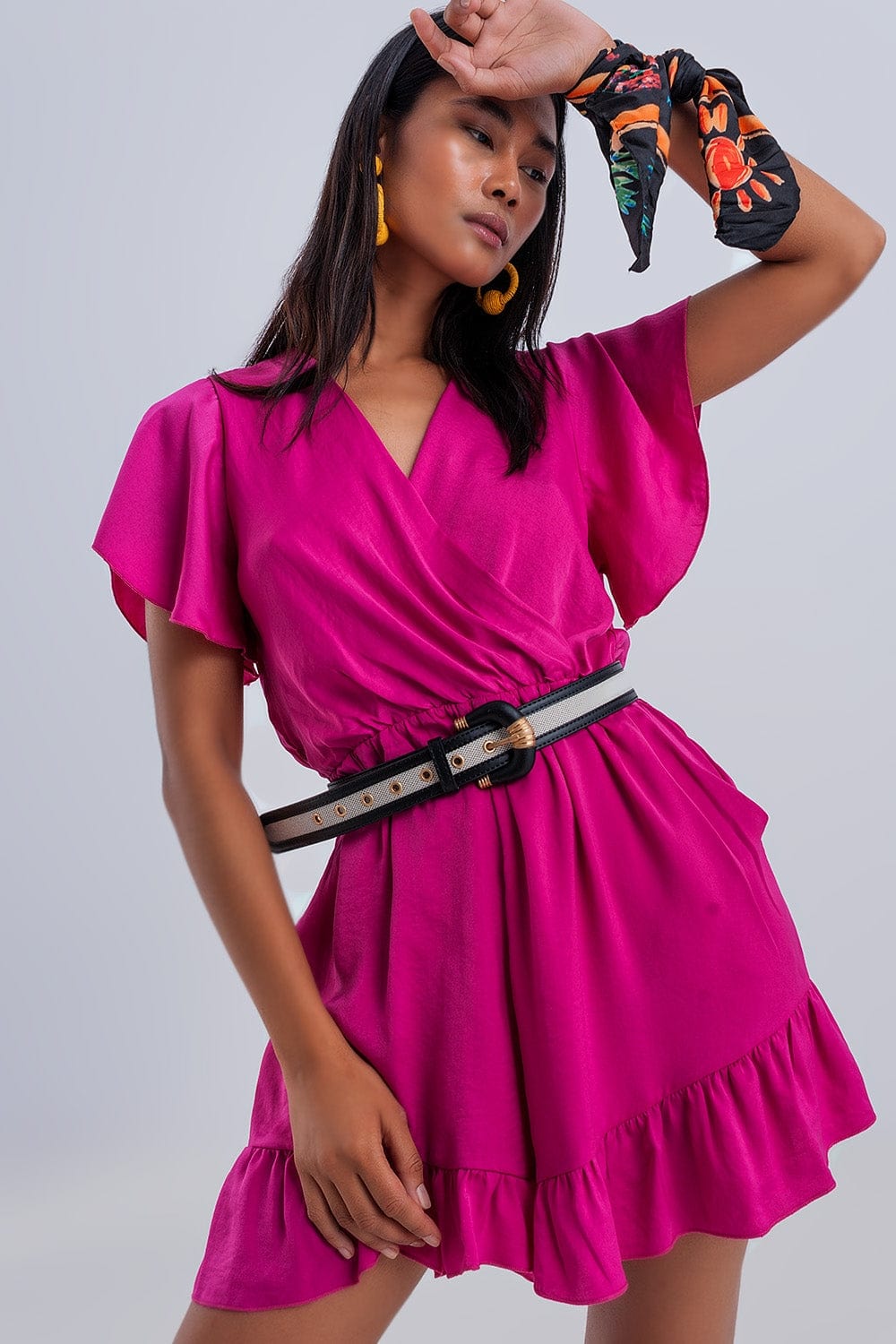 Q2 Women's Jumpsuits & Rompers Wrap Front Frill Hem Jumpsuit in Fuchsia