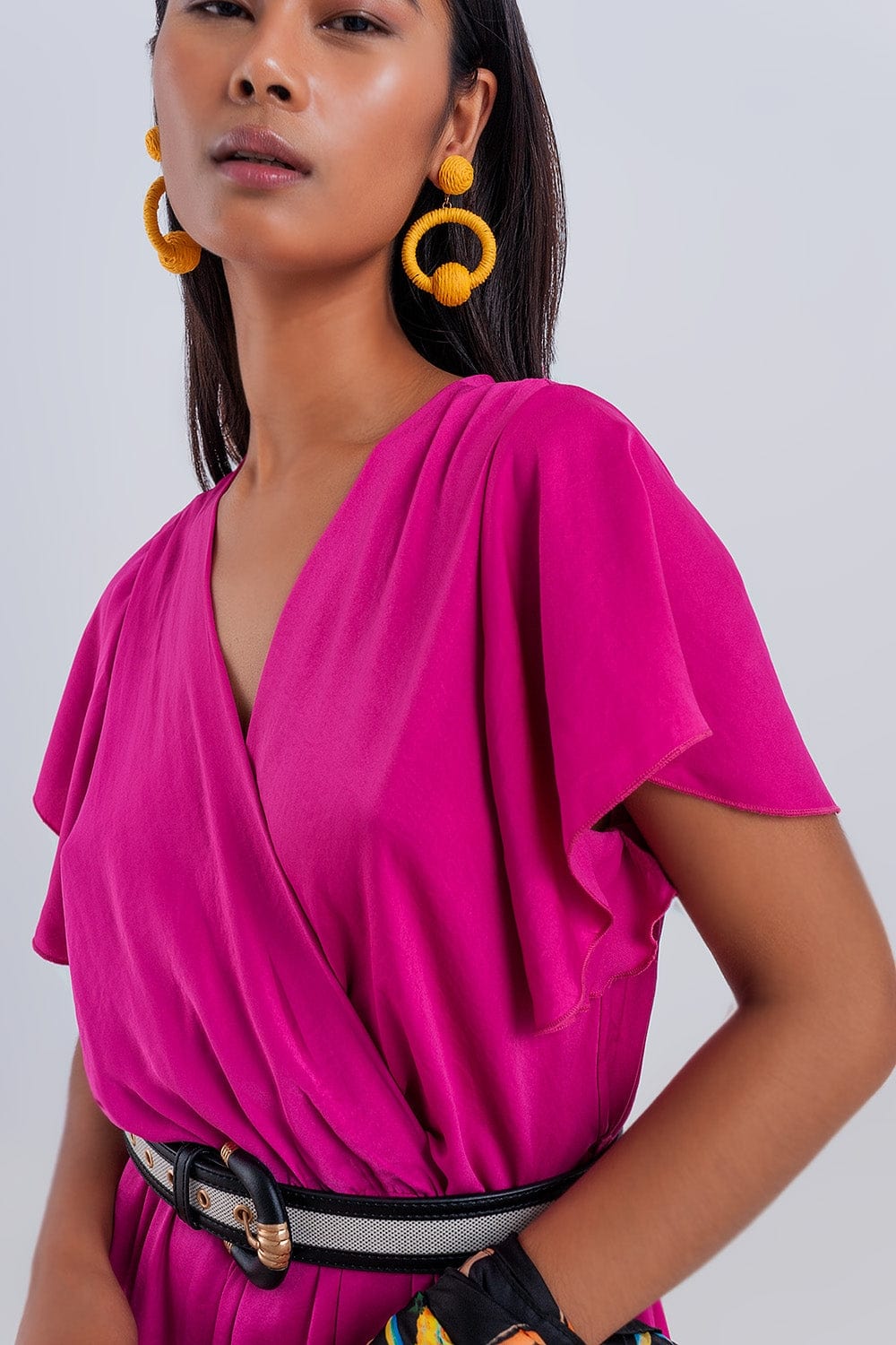 Q2 Women's Jumpsuits & Rompers Wrap Front Frill Hem Jumpsuit in Fuchsia