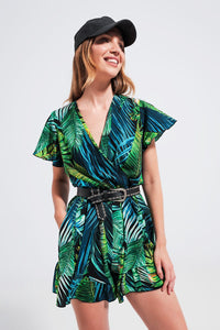 Q2 Women's Jumpsuits & Rompers Wrap Jumpsuit in Green Tropical Print