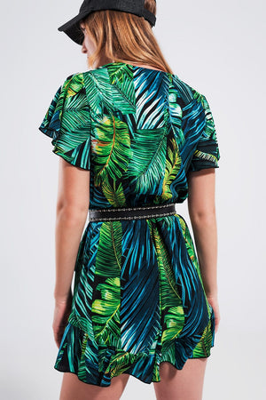 Q2 Women's Jumpsuits & Rompers Wrap Jumpsuit in Green Tropical Print