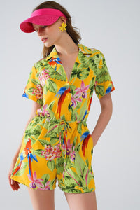 Q2 Women's Jumpsuits & Rompers Yellow Short Jumpsuit With Tropical Print And Drawstring Closure