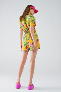 Q2 Yellow Short Jumpsuit with Tropical Print and Drawstring Closure Large Yellow