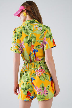 Q2 Women's Jumpsuits & Rompers Yellow Short Jumpsuit With Tropical Print And Drawstring Closure