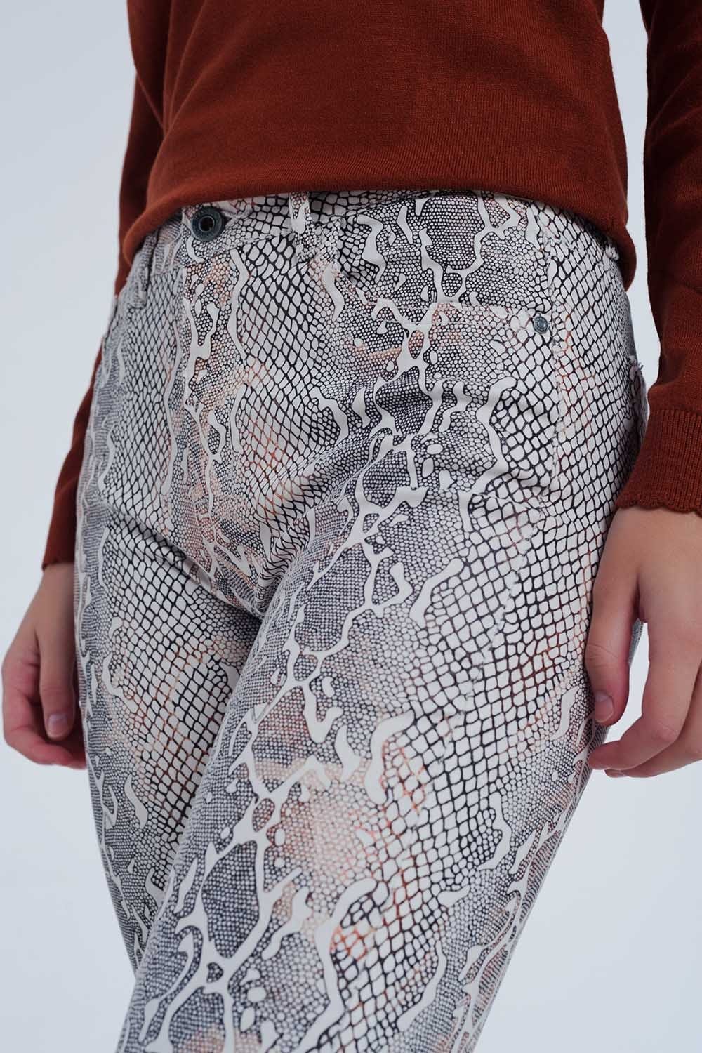 Q2 Women's Legging Beige Coloured Pants with Snake Print