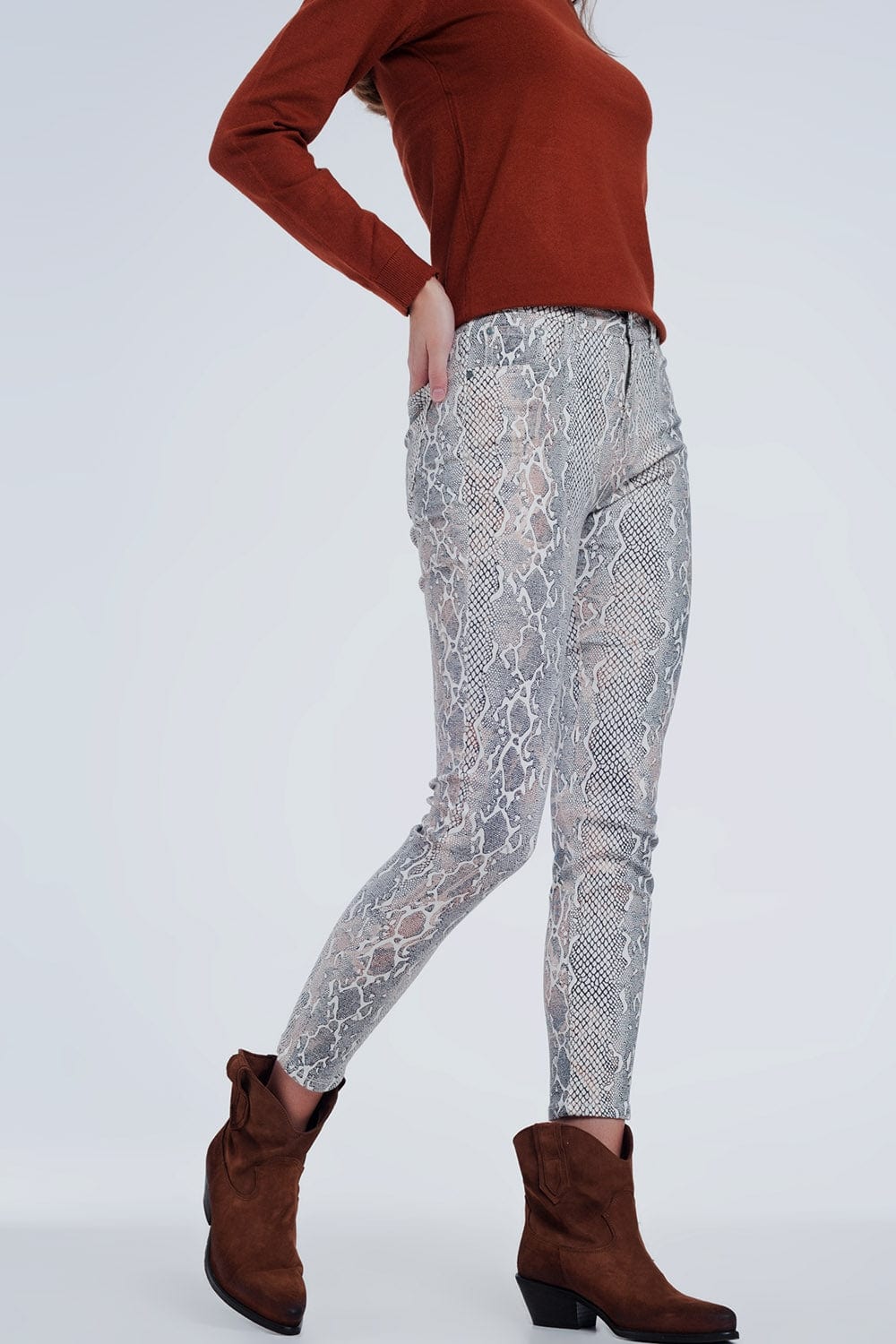 Q2 Women's Legging Beige Coloured Pants with Snake Print