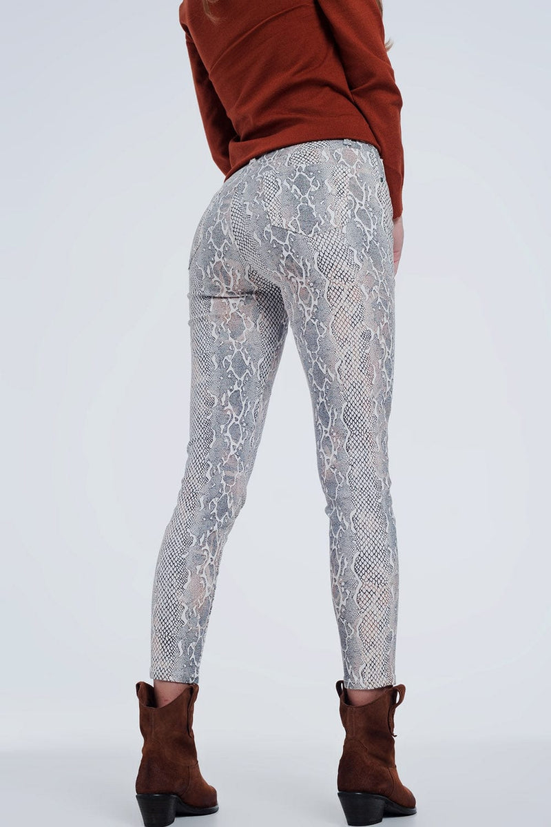 Q2 Women's Legging Beige Coloured Pants with Snake Print