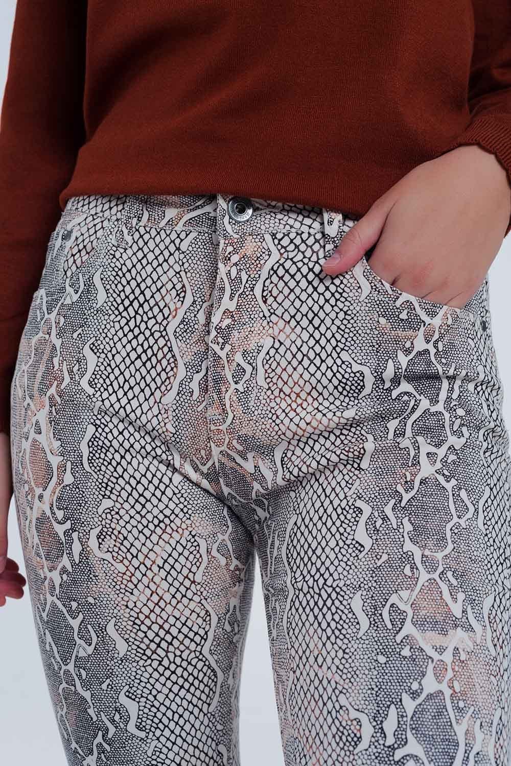 Q2 Women's Legging Beige Coloured Pants with Snake Print