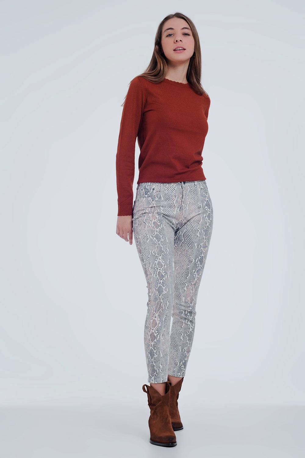 Q2 Women's Legging Beige Coloured Pants with Snake Print