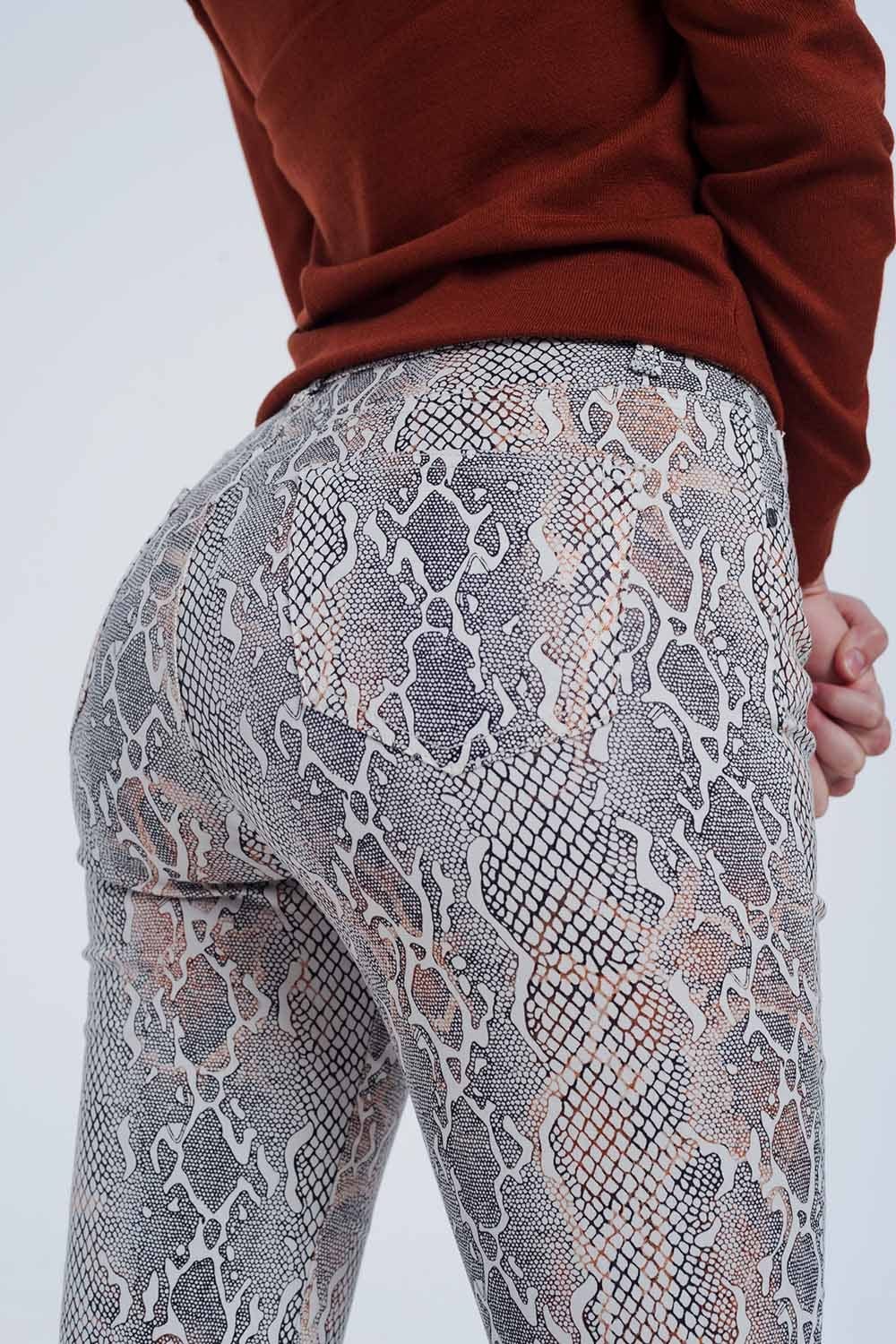 Q2 Women's Legging Beige Coloured Pants with Snake Print