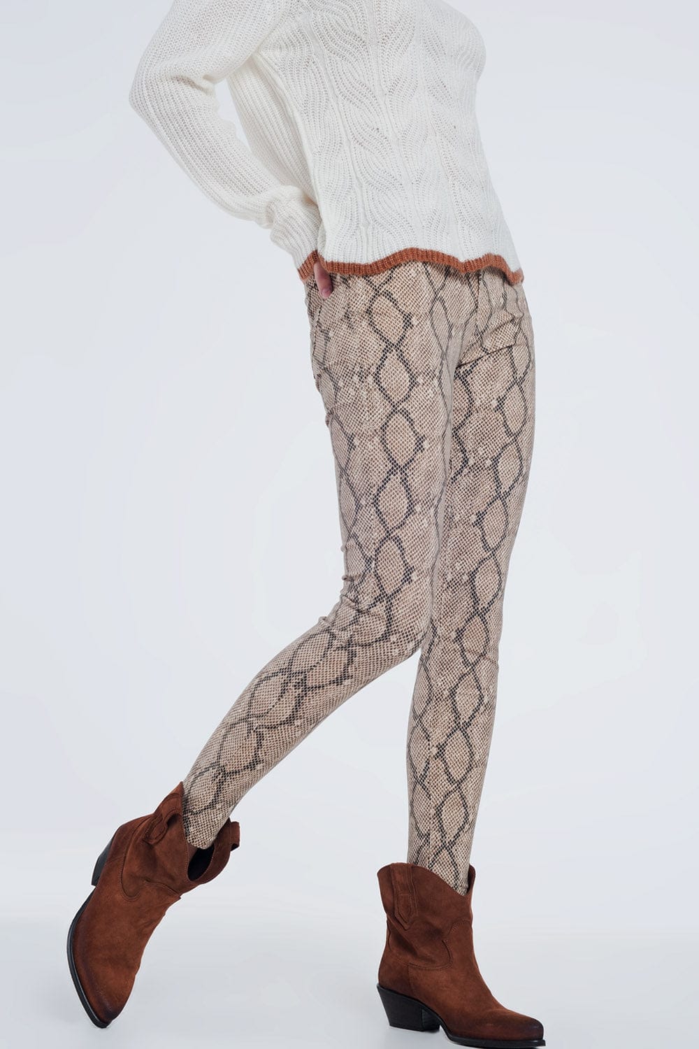 Q2 Women's Legging Camel Coloured Pants with Pattern