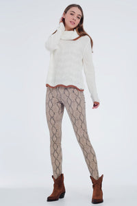 Q2 Women's Legging Camel Coloured Pants with Pattern