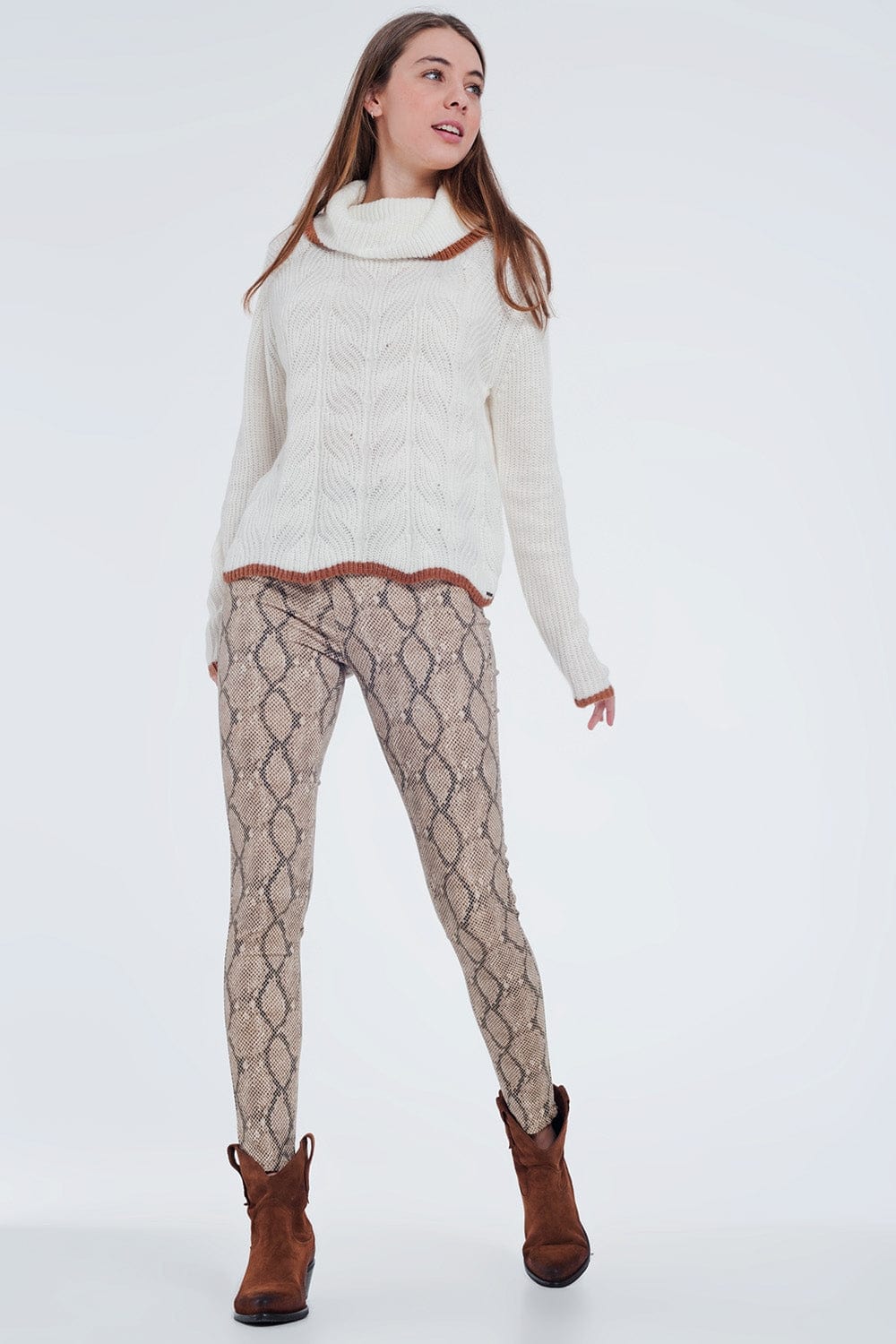 Q2 Women's Legging Camel Coloured Pants with Pattern