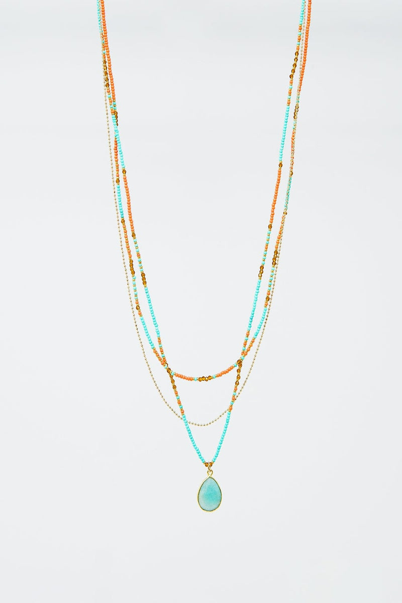 Q2 Women's Necklace One Size / Gold 3 In 1 Necklace With Orange And Blue Beads