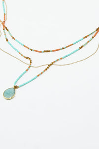 Q2 Women's Necklace One Size / Gold 3 In 1 Necklace With Orange And Blue Beads