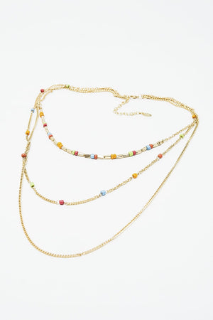 Q2 Women's Necklace One Size / Gold 3 In 1 Necklace With Rainbow Beads And Thin Gold Chain