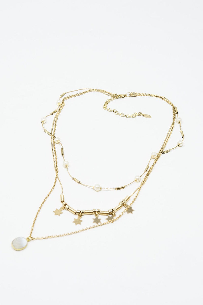 Q2 Women's Necklace One Size / Gold 3 In 1 Necklace With Star And Pearl Detail