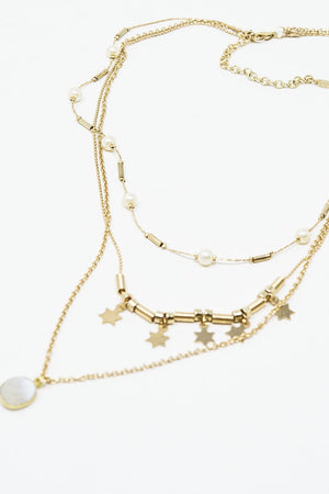 Q2 Women's Necklace One Size / Gold 3 In 1 Necklace With Star And Pearl Detail