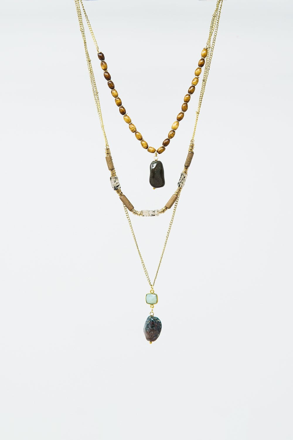 Q2 Women's Necklace One Size / Gold Ethnic 3 In 1 Necklace With Large Stones And Natural Beads