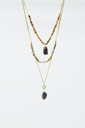 Q2 Women's Necklace One Size / Gold Ethnic 3 In 1 Necklace With Large Stones And Natural Beads