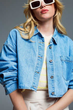 Q2 Women's Outerwear Basic Cropped Denim Jacket In Light Blue With Chest Pocket