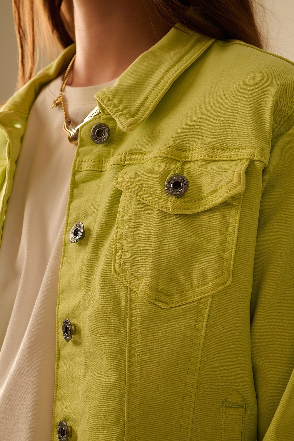 Q2 Women's Outerwear Basic Denim Elastic Jacket With Pockets In Lime
