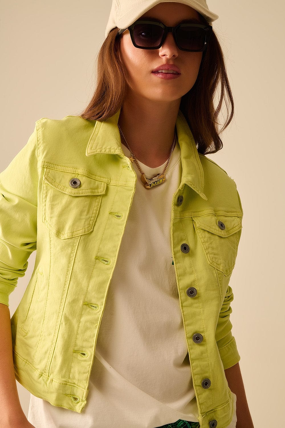 Q2 Women's Outerwear Basic Denim Elastic Jacket With Pockets In Lime