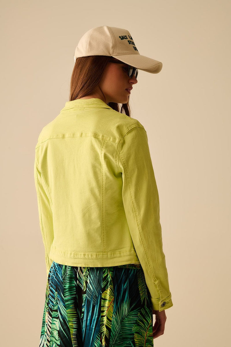 Q2 Women's Outerwear Basic Denim Elastic Jacket With Pockets In Lime