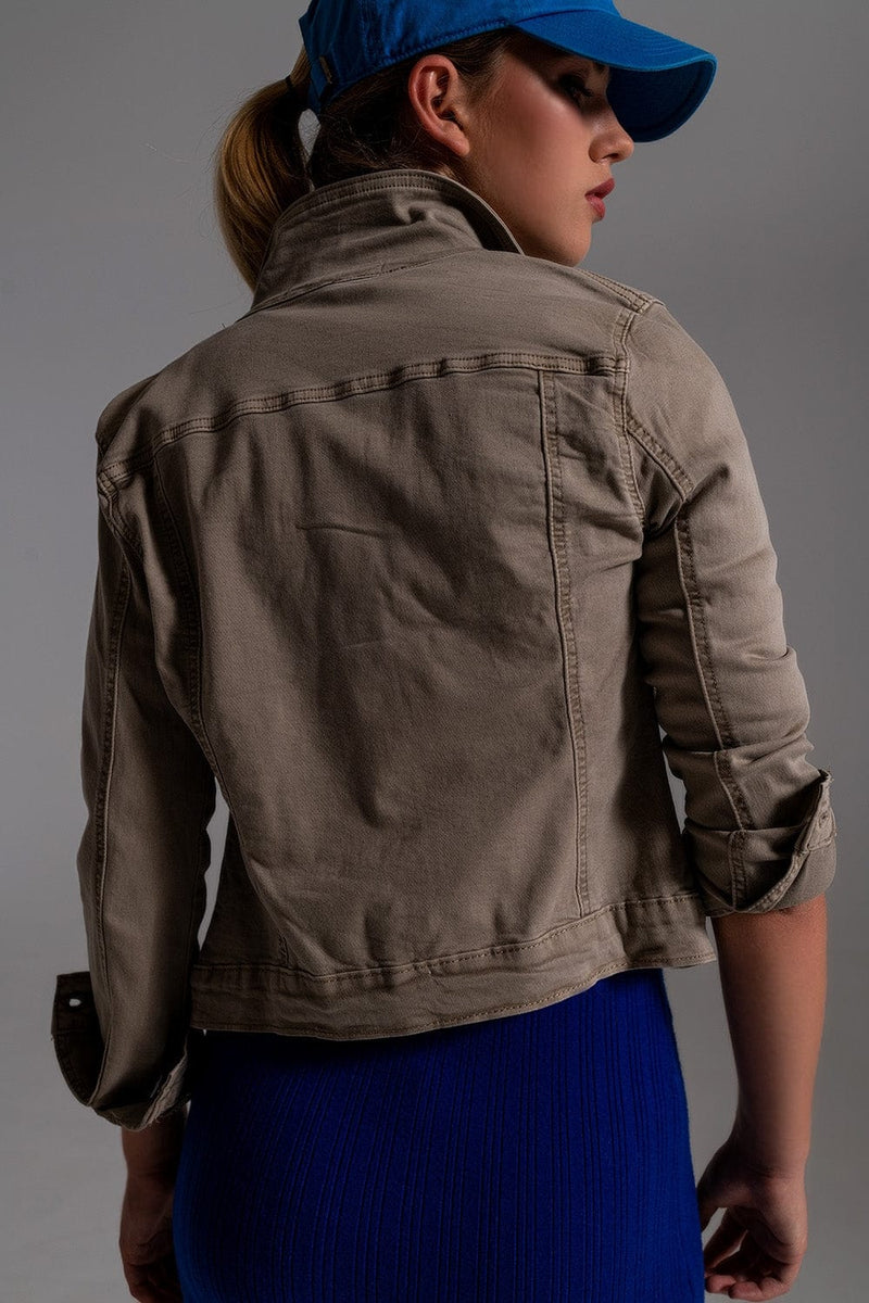 Q2 Women's Outerwear Basic Denim Jacket With Pockets In Beige