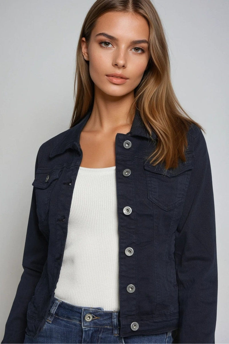 Q2 Women's Outerwear Basic Denim Jacket With Pockets In Navy