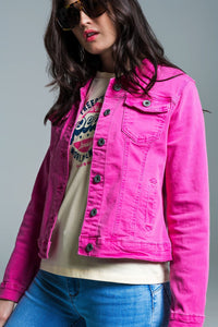 Q2 Women's Outerwear Basic Denim Jacket With Pockets In Pink