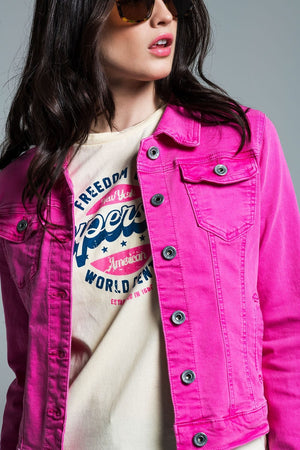 Q2 Women's Outerwear Basic Denim Jacket With Pockets In Pink