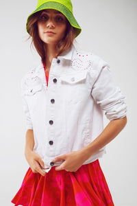 Q2 Women's Outerwear Broderie Denim Jacket In White